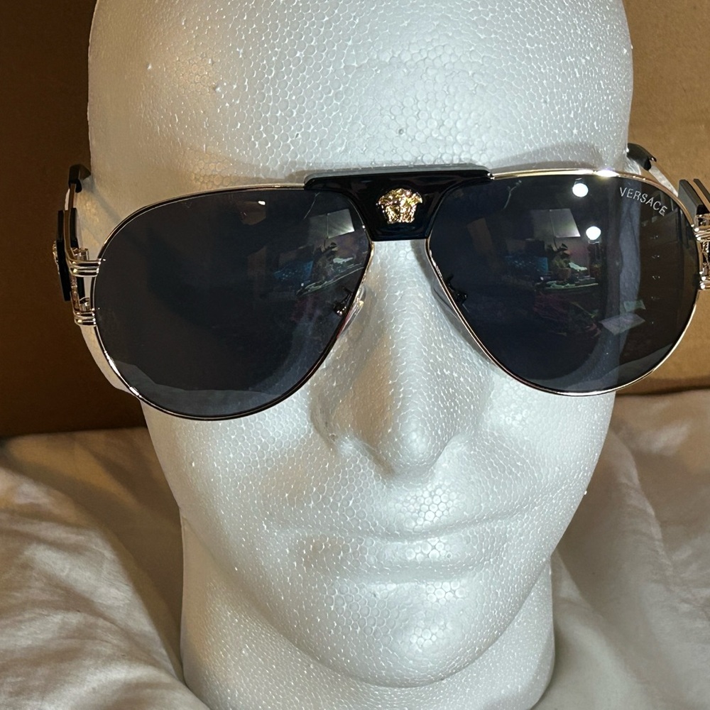 Versace Aviator Sunglasses in Black and Silver with Medusa Accent